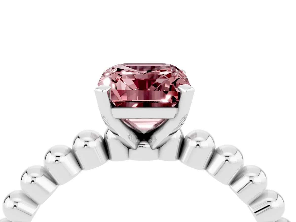 Emerald Cut Morganite Solitaire Ring with Beaded Band and Prong Setting Silver