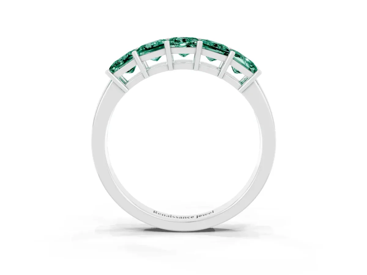 Princess Cut Five-Stone Green Sapphire Band with Prong Setting Platinum