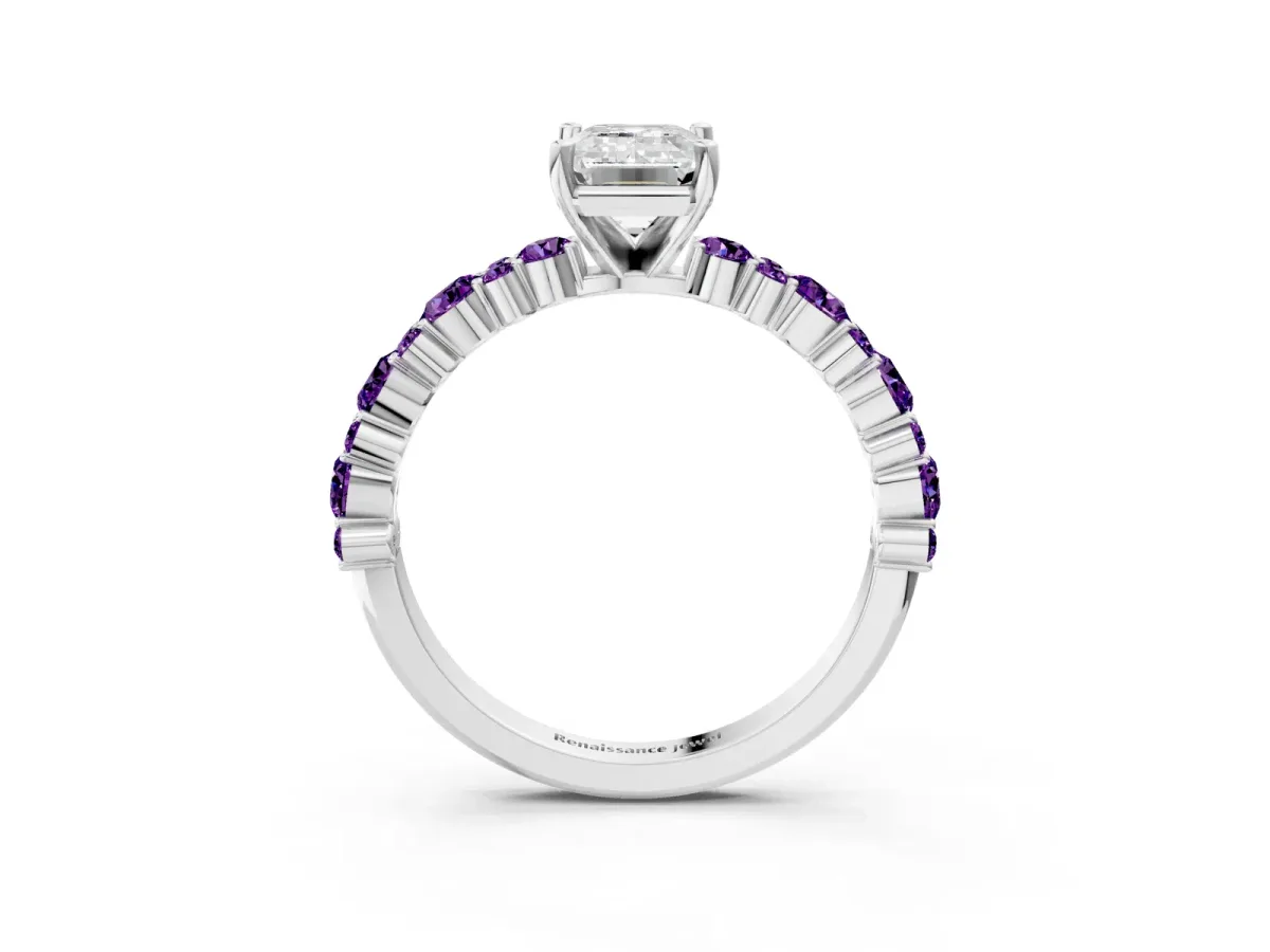 Emerald Cut Diamond Side Stone Solitaire Ring with Round Amethyst and Four-Prong Setting Platinum