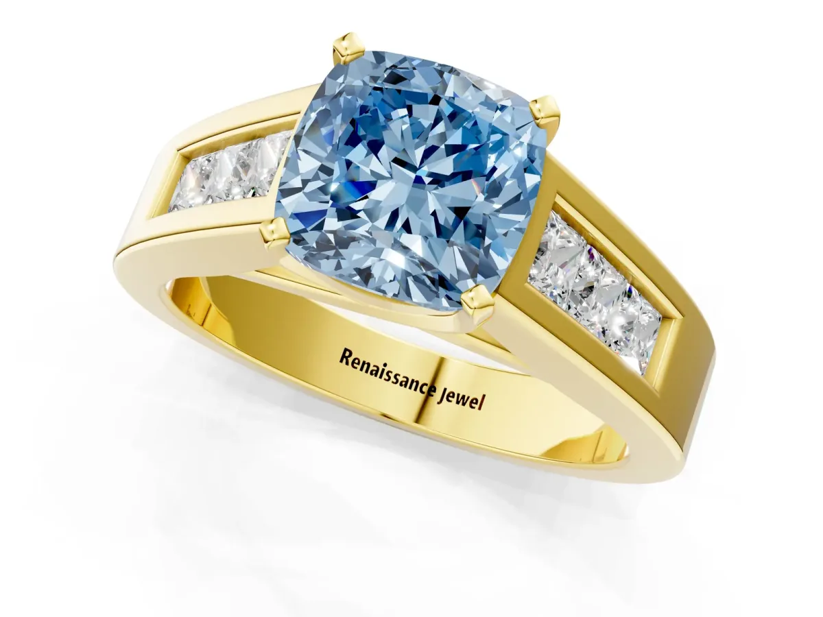 Fancy Blue Cushion Cut Cut Channel Set Solitaire Ring with Four-Prong Setting Yellow gold