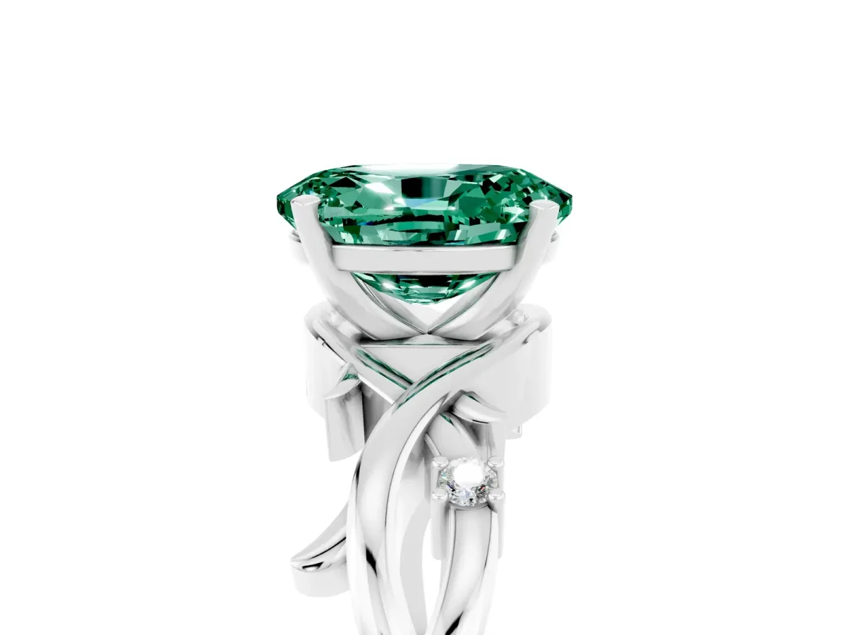 Oval Cut Green Sapphire Solitaire Ring with Twisted Band and Prong Setting Silver