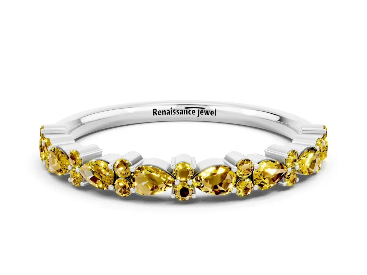 Pear and Round Yellow Sapphire Wedding Band Silver