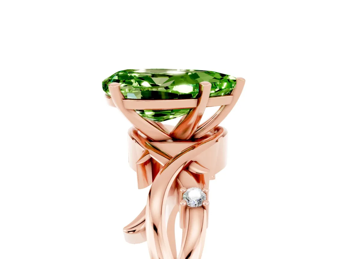 Pear Cut Peridot Solitaire Ring with Twisted Band and Prong Setting Rose gold