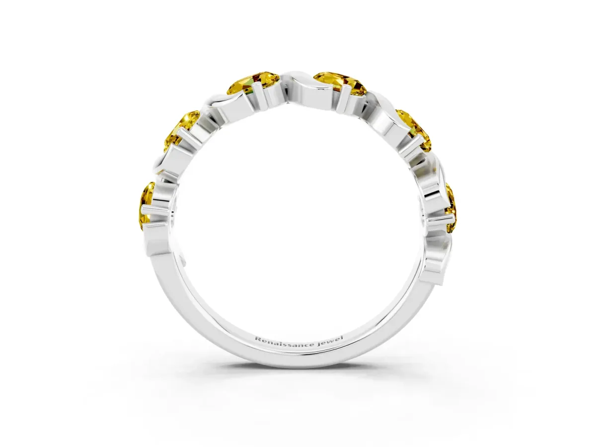 Round Yellow Sapphire Half Eternity Band with Wave Prong Setting Platinum