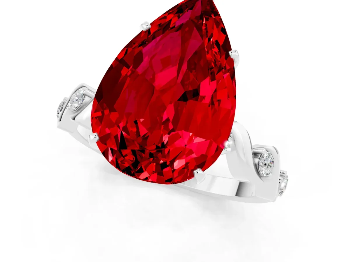 Pear Cut Ruby Solitaire Twisted Band with Round Accents and Prong Setting Silver