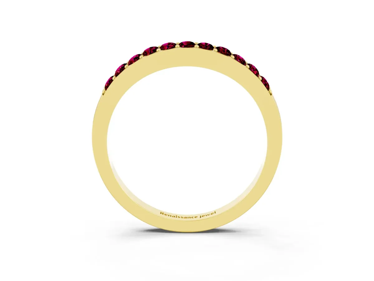 Round Garnet Curved Wedding Band with Channel Setting Yellow gold