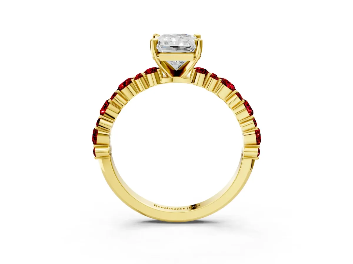 Radiant Cut Diamond Side Stone Solitaire Ring with Round Ruby and Four-Prong Setting Yellow gold