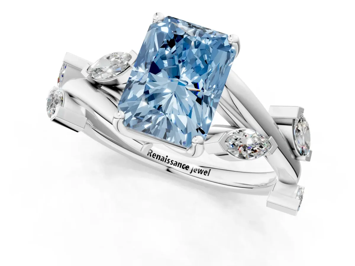 Fancy Blue Radiant Cut Solitaire Twisted Band Marquise Accent Prong Setting Ring Platinum