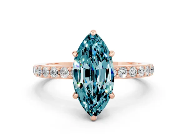 Marquise Cut Blue Topaz Solitaire Engagement Ring with Pavé Band and Four-Prong Setting Rose gold