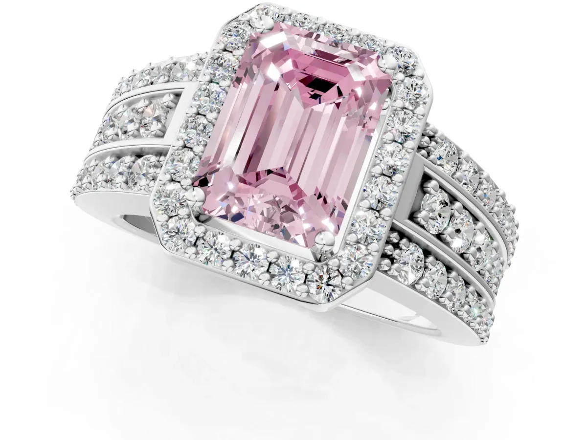 Fancy Pink Emerald Cut Halo Diamond Ring with Round Split Shank and Prong Setting Silver