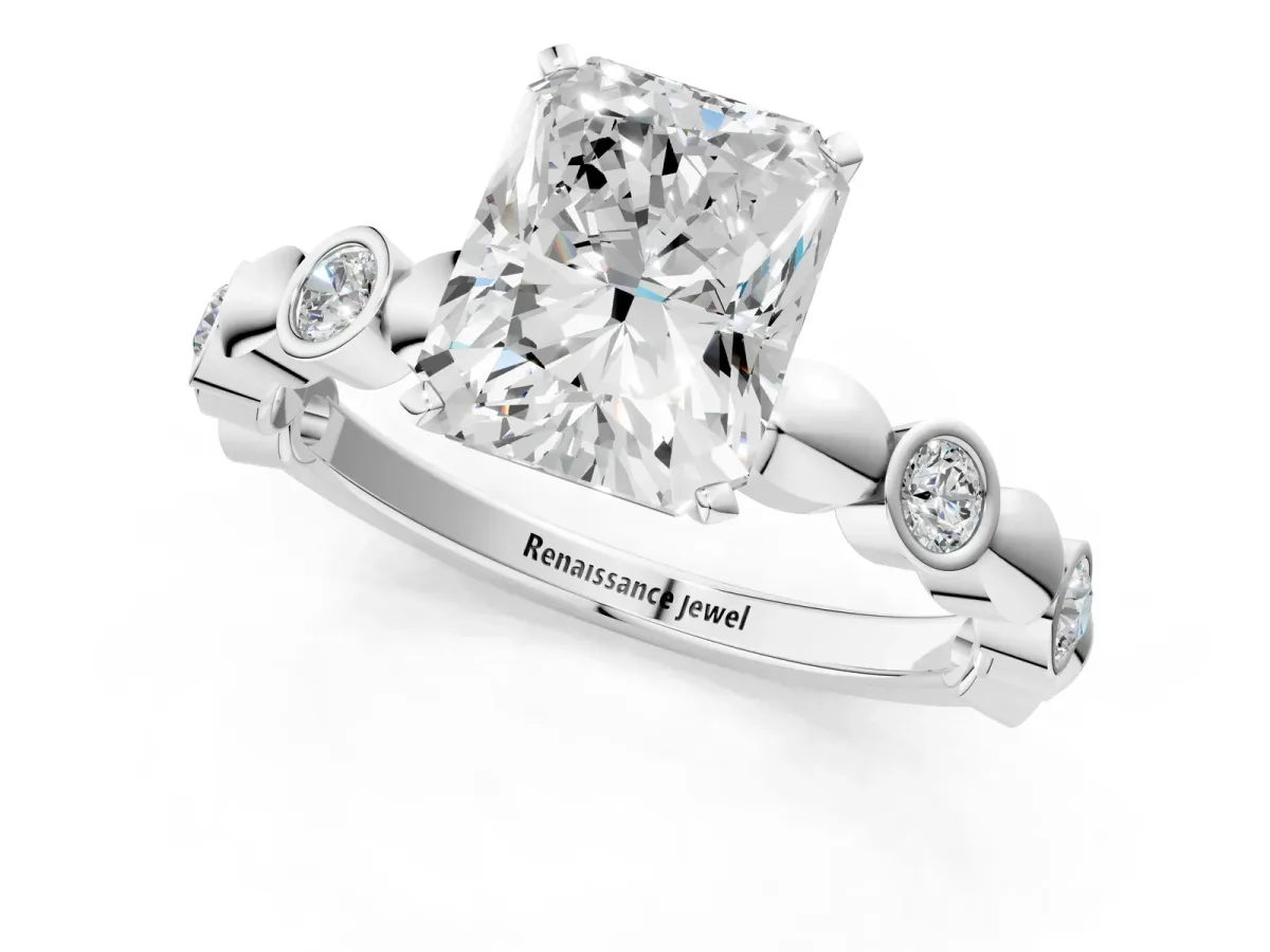 Radiant Cut Solitaire Bezel-Set Diamond Ring with Beaded Band and Four-Prong Setting Platinum