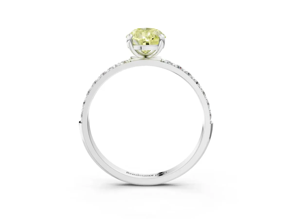 Fancy Yellow Pear Cut Diamond Solitaire Ring with Round Pavé Band and Prong Setting Silver