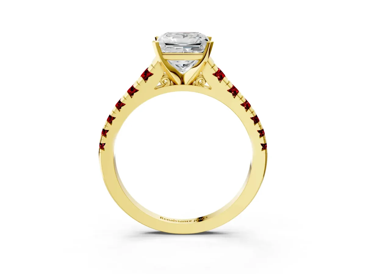 Princess Cut Diamond Cathedral Solitaire Ring with Round Ruby Pavé Band Yellow gold