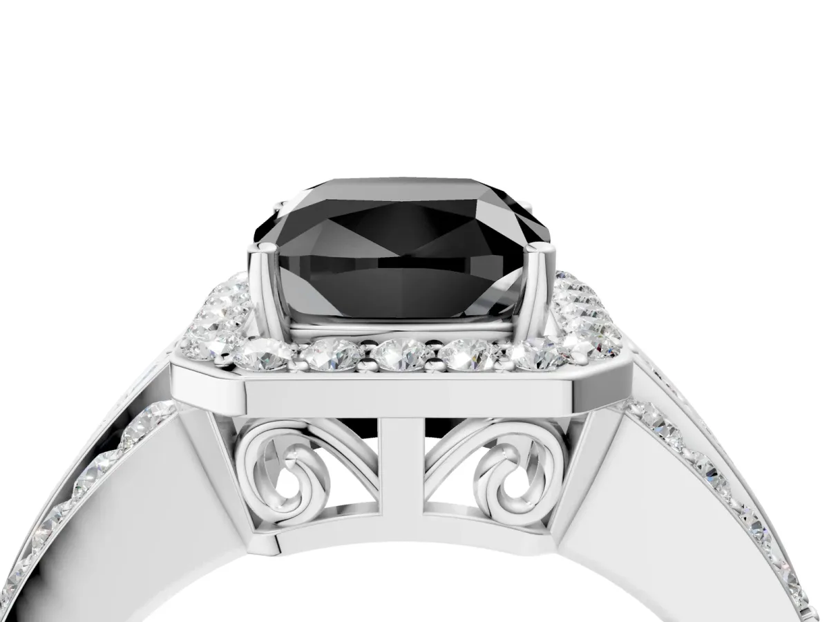Fancy Black Cushion Cut Halo Diamond Ring with Round Split Shank and Prong Setting White gold