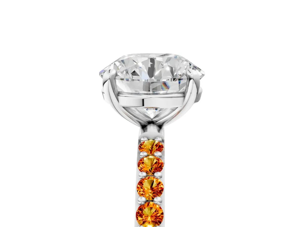 Round Cut Diamond Solitaire Ring with Round Citrine Pavé Band and Prong Setting Silver