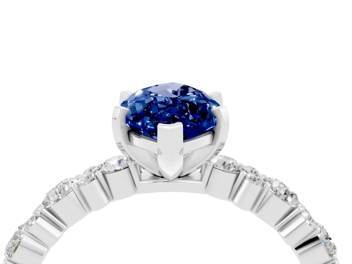 Marquise Cut Blue Sapphire Side Stone Solitaire Ring with Round and Four-Prong Setting Silver