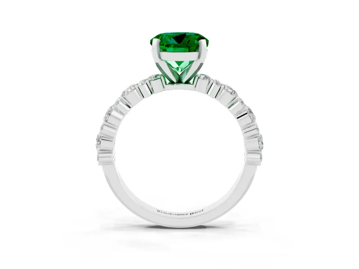 Round Cut Emerald Side Stone Solitaire Ring with Round and Four-Prong Setting Silver
