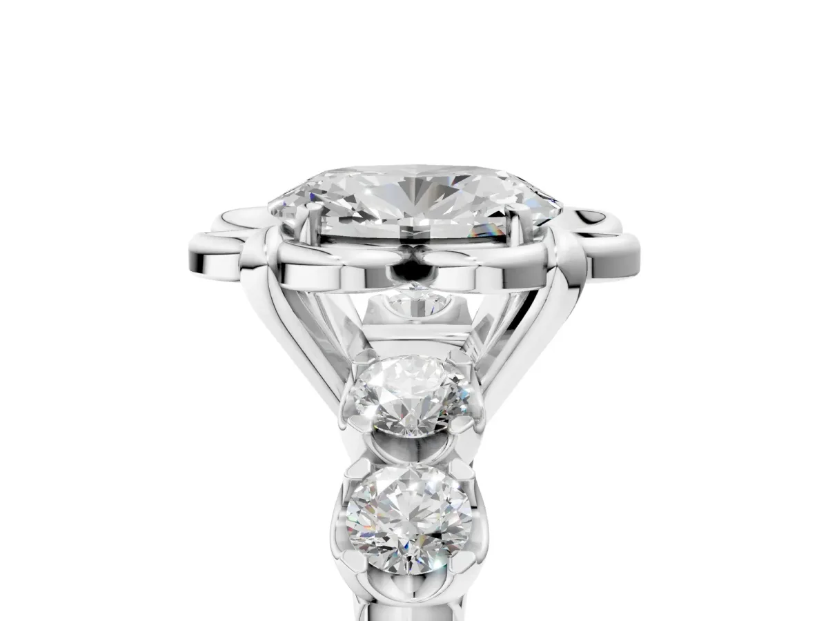 Oval Cut Cut Diamond Floral Halo Engagement Ring with Shared Prong Setting Silver