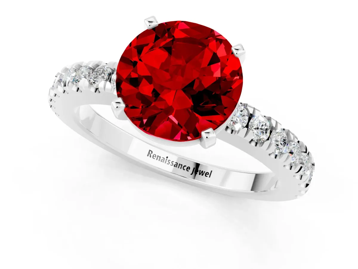 Round Cut Solitaire Ruby with Pavé Band and Four-Prong Setting Silver