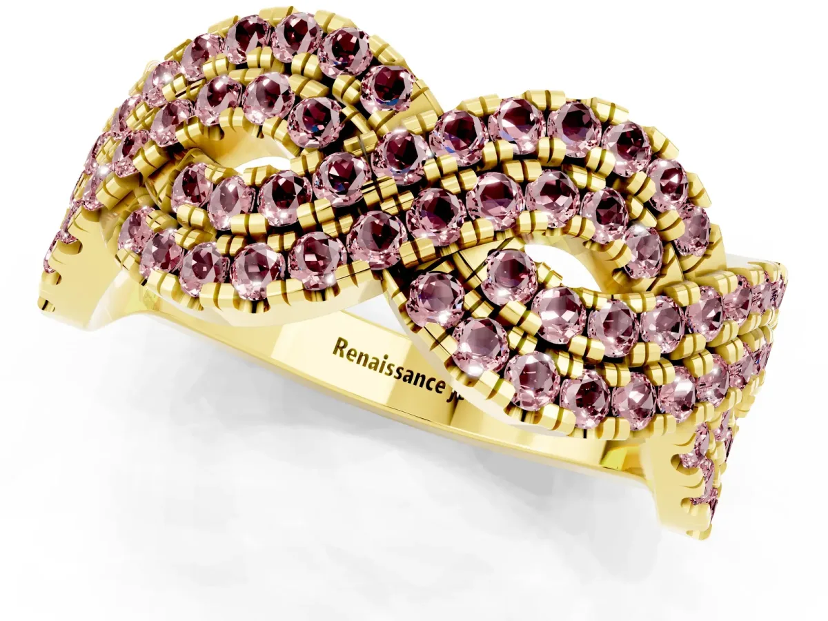 Pavé Round Morganite Infinity Twist Band with Shared Prong Setting Yellow gold