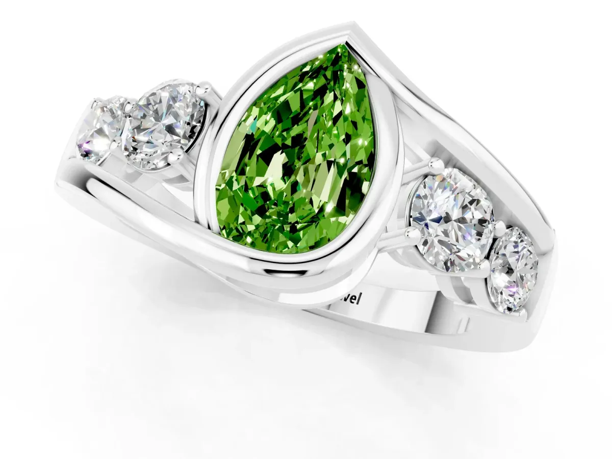 Bezel Set Pear Cut Peridot Bypass Ring with Round Accents Silver