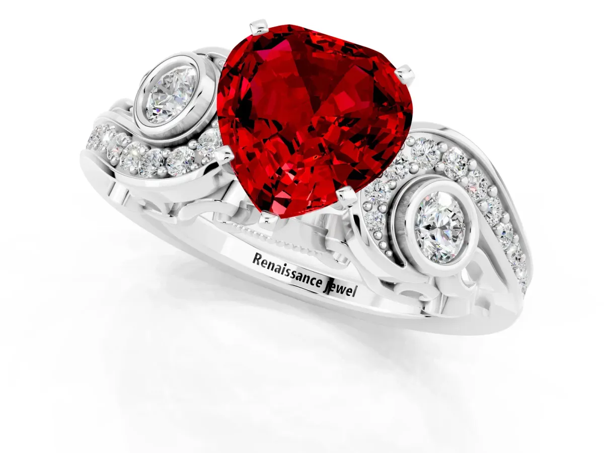 Heart Cut Ruby Solitaire Ring with Milgrain Pavé Band and Four-Prong Setting Silver