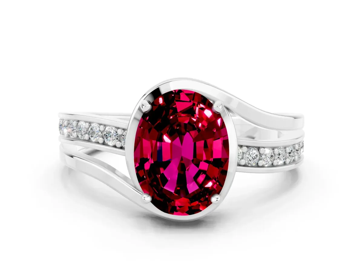 Oval Cut Garnet Solitaire Ring with Split Shank and Prong Setting White gold