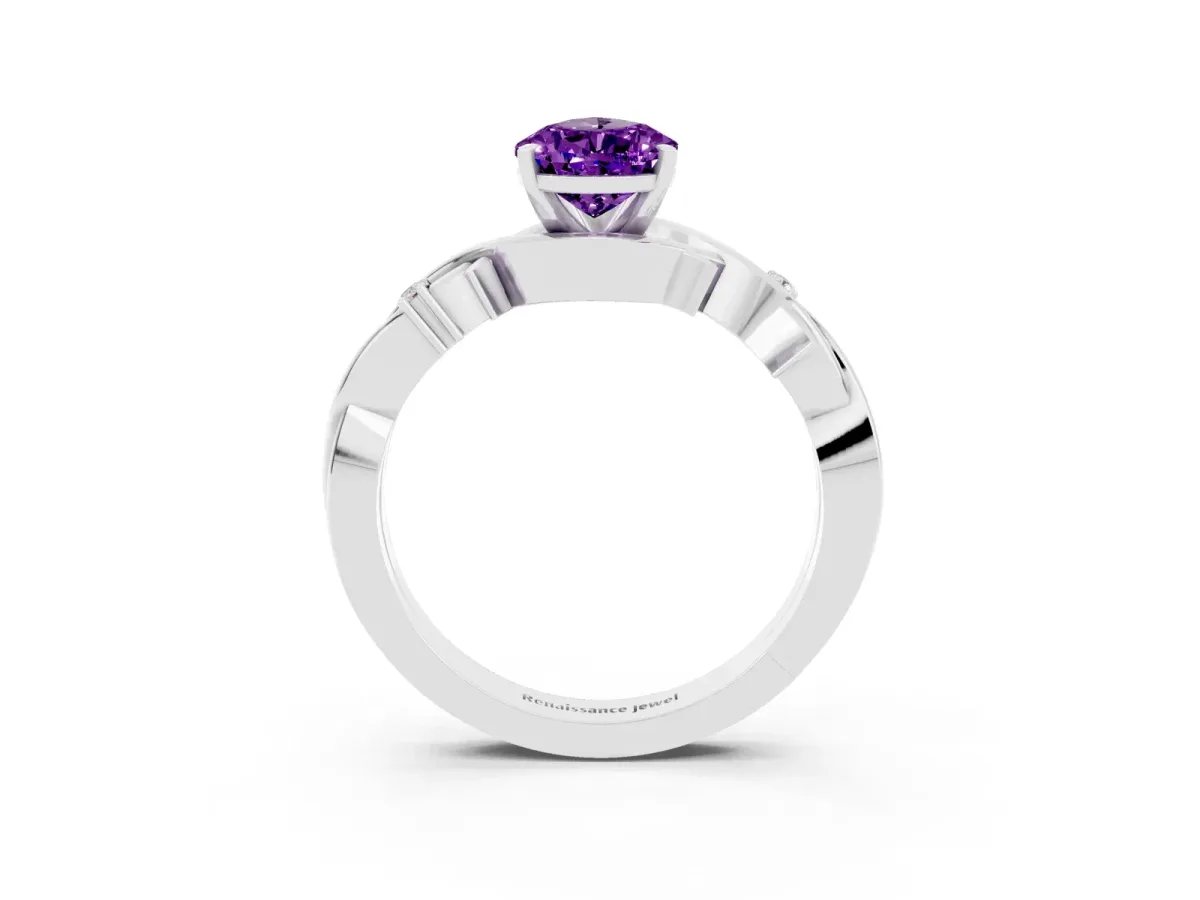 Pear Cut Amethyst Solitaire Ring with Twisted Band and Prong Setting Platinum