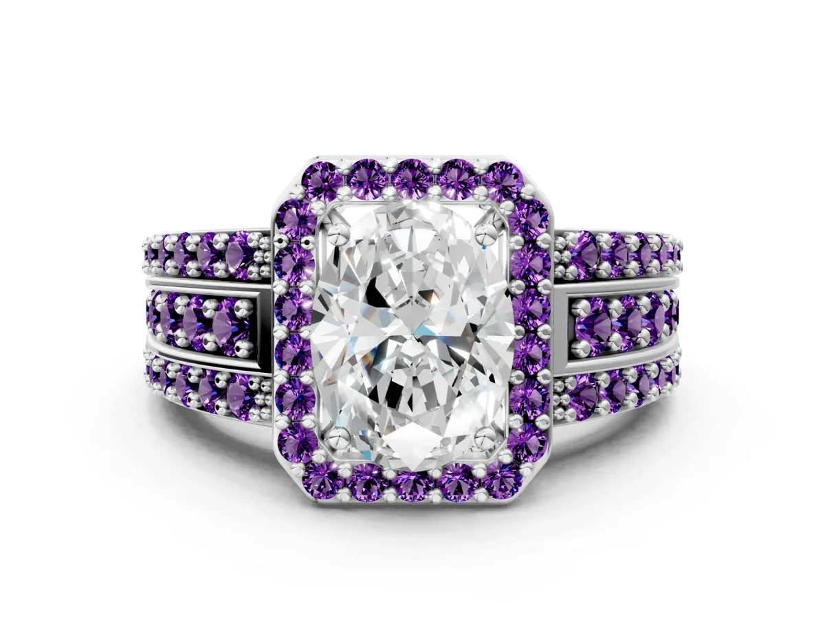 Oval Cut Halo Diamond Ring with Round Amethyst Split Shank and Prong Setting White gold