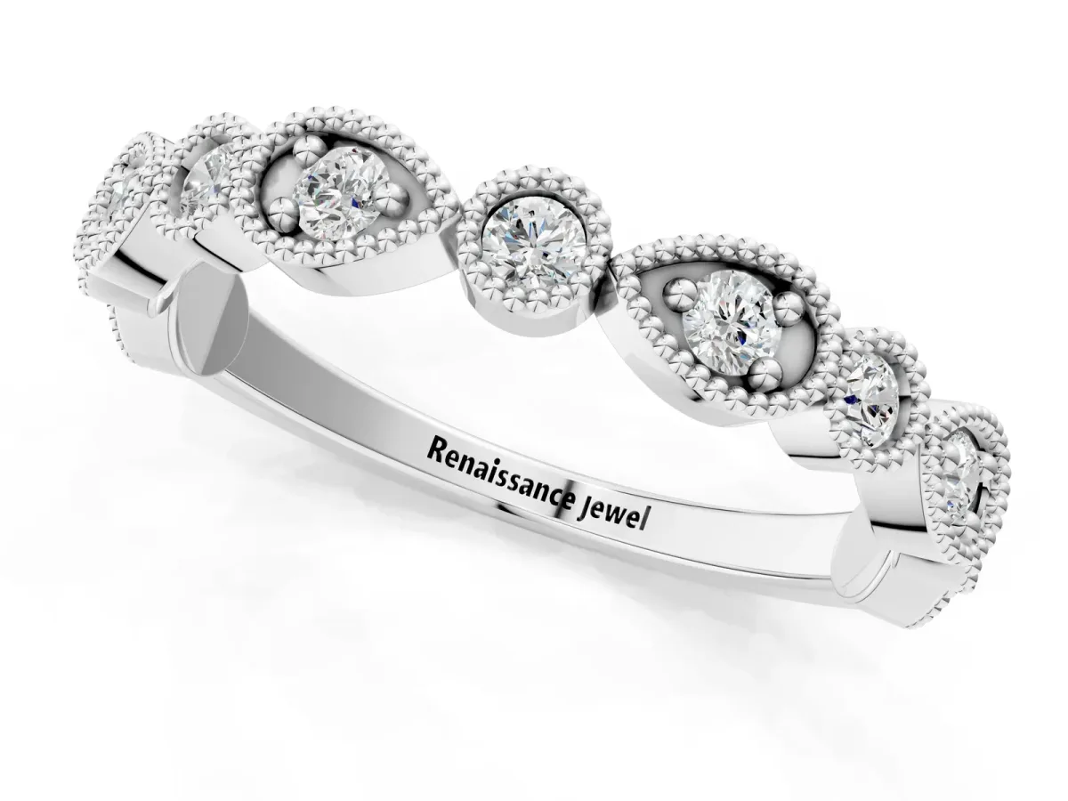 Milgrain Bezel Set Pear and Round Diamond Eternity Band Silver