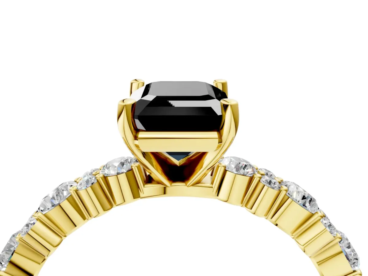 Fancy Black Emerald Cut Diamond Side Stone Solitaire Ring with Round and Four-Prong Setting Yellow gold