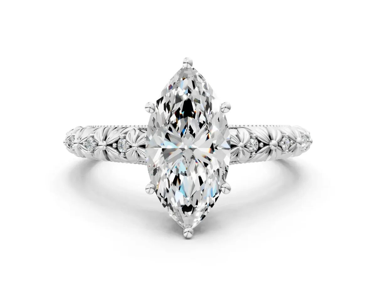 Marquise Cut Solitaire Floral Milgrain Engagement Ring Silver