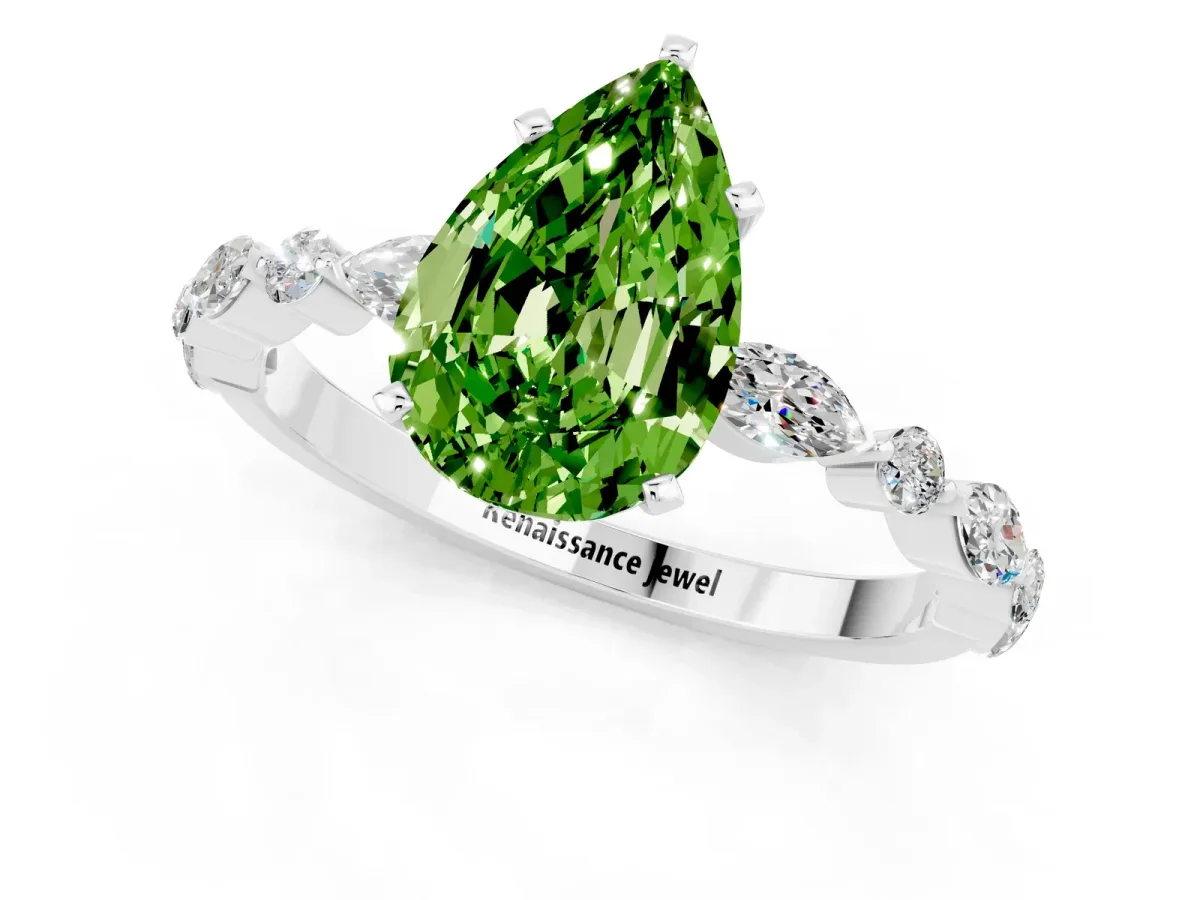 Pear Cut Peridot Ring with Marquise and Round Side Stones and Four-Prong Setting Silver