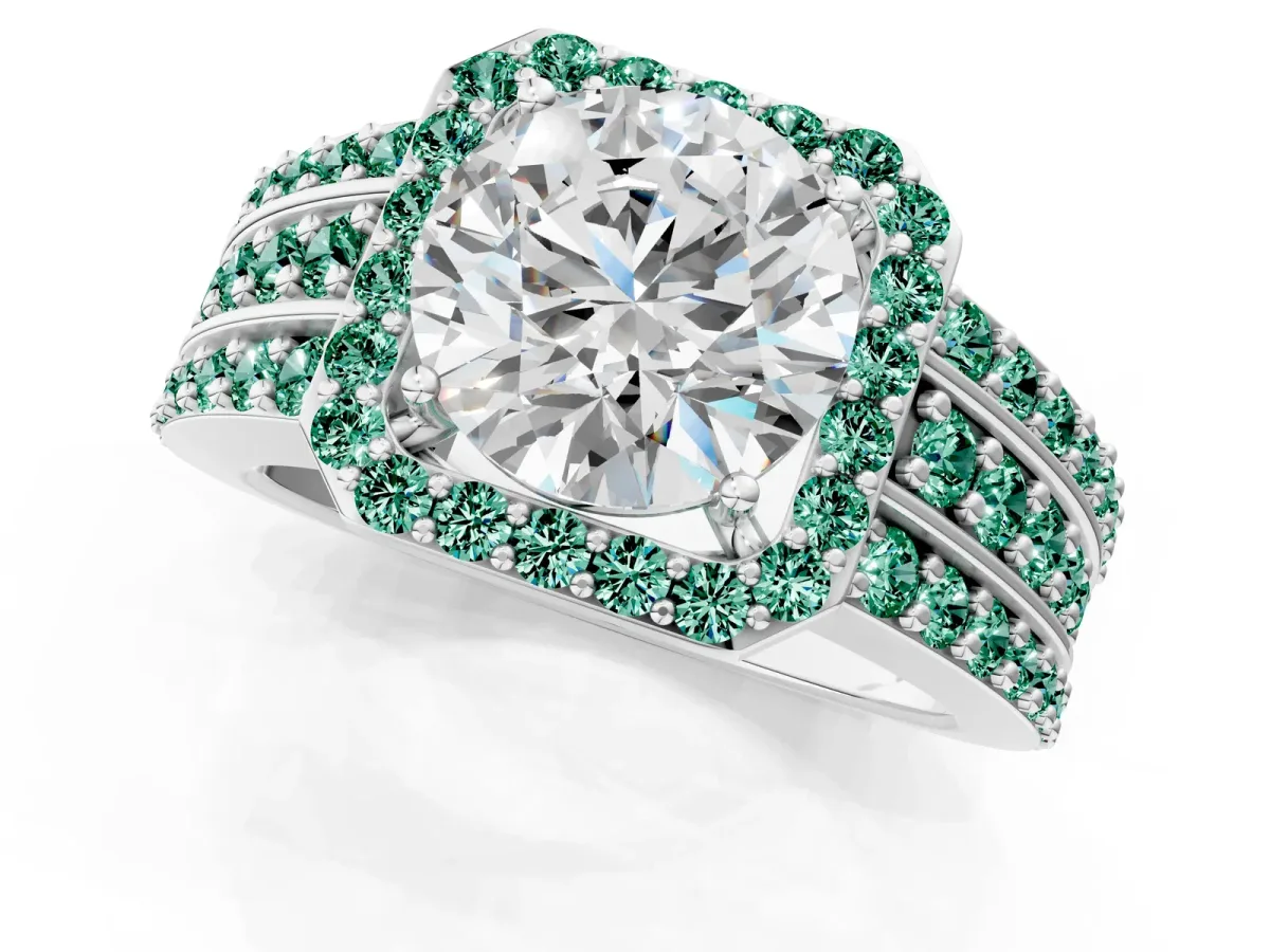 Round Cut Halo Diamond Ring with Round Green Sapphire Split Shank and Prong Setting Silver