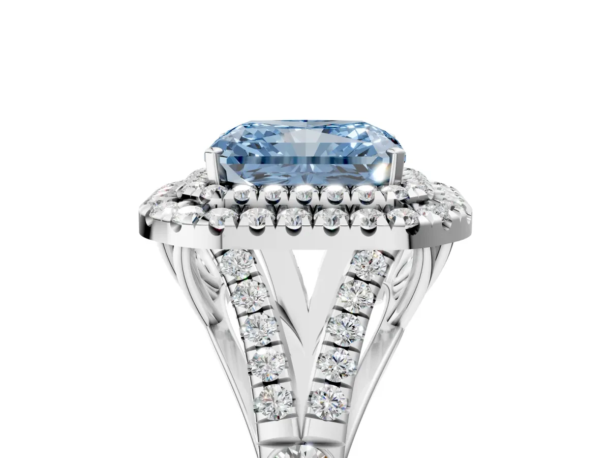 Fancy Blue Radiant Cut Diamond Pavé Split Shank Double Halo Engagement Ring Platinum