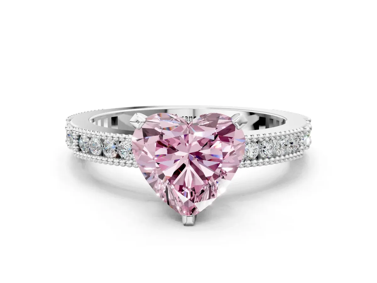 Fancy Pink Heart Cut Solitaire with Pavé Band and Four-Prong Setting Silver