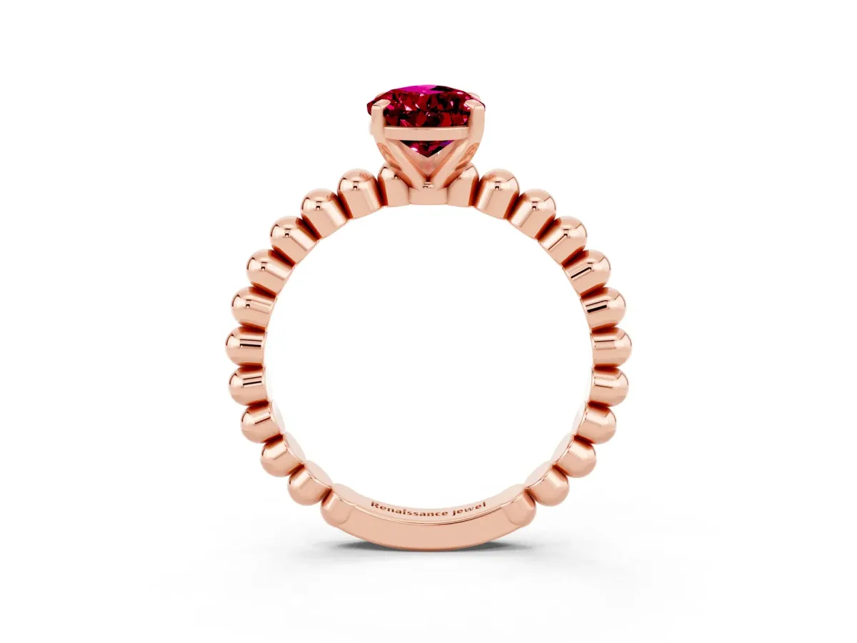 Pear Cut Garnet Solitaire Ring with Beaded Band and Prong Setting Rose gold