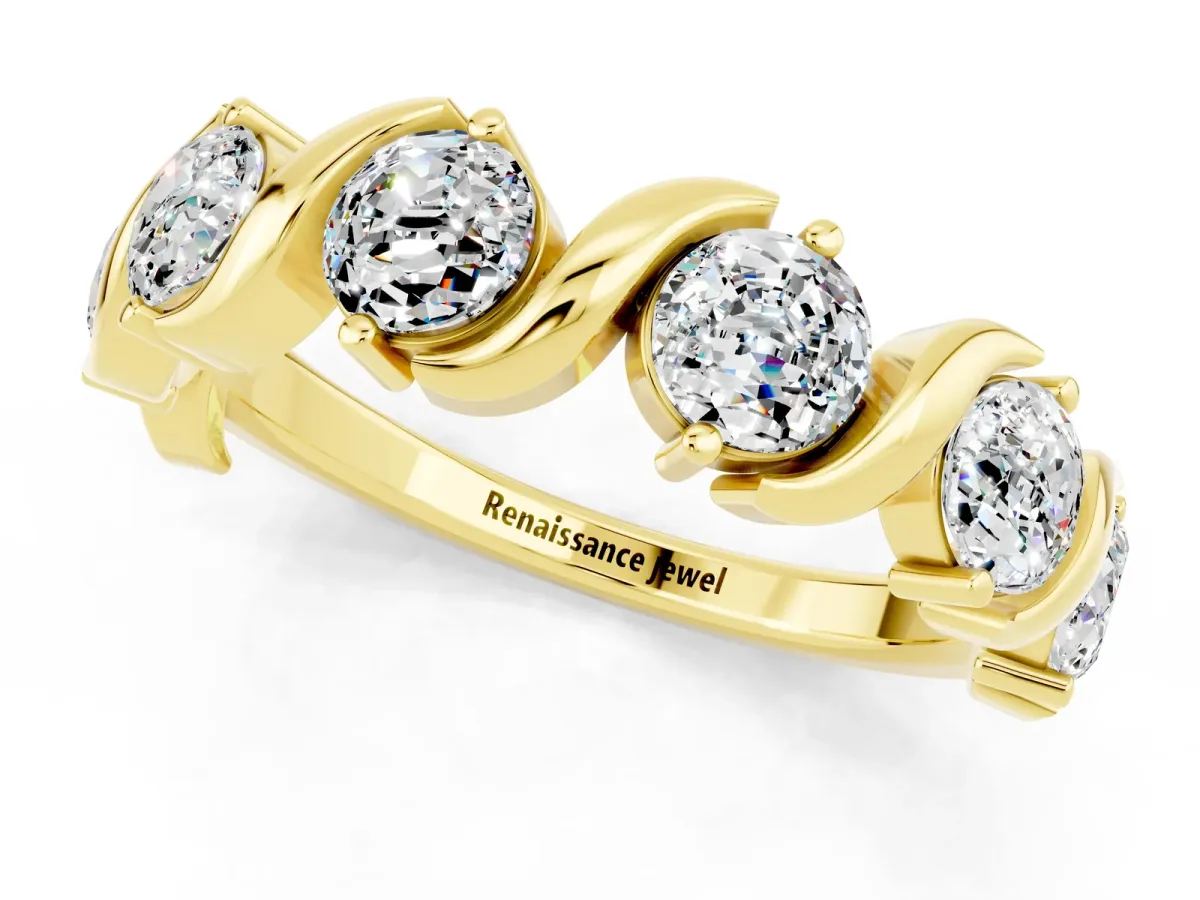 Six-Stone Round Moissanite Wave Band with Shared Prong Setting Yellow gold