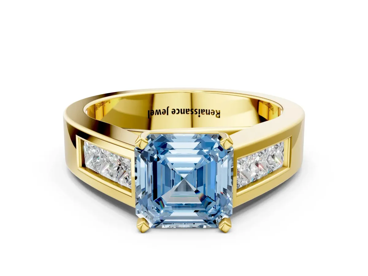 Fancy Blue Asscher Cut Cut Channel Set Solitaire Ring with Four-Prong Setting Yellow gold