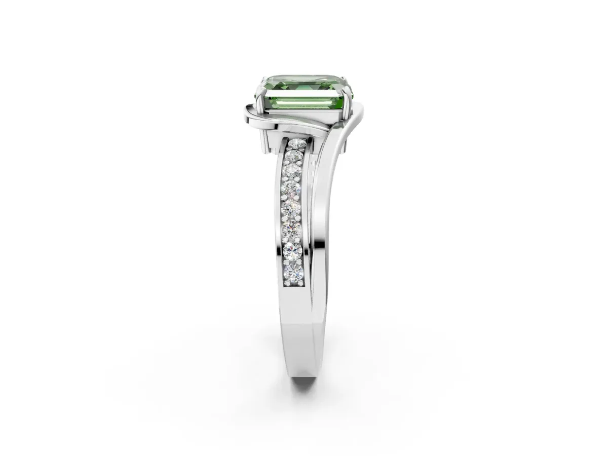 Fancy Green Asscher Cut Diamond Solitaire Ring with Split Shank and Prong Setting Platinum