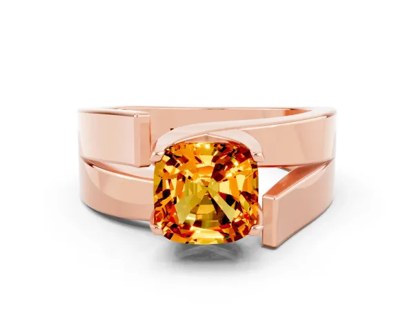 Modern Tension Set Cushion Cut Citrine Solitaire Wide Band Ring Rose gold