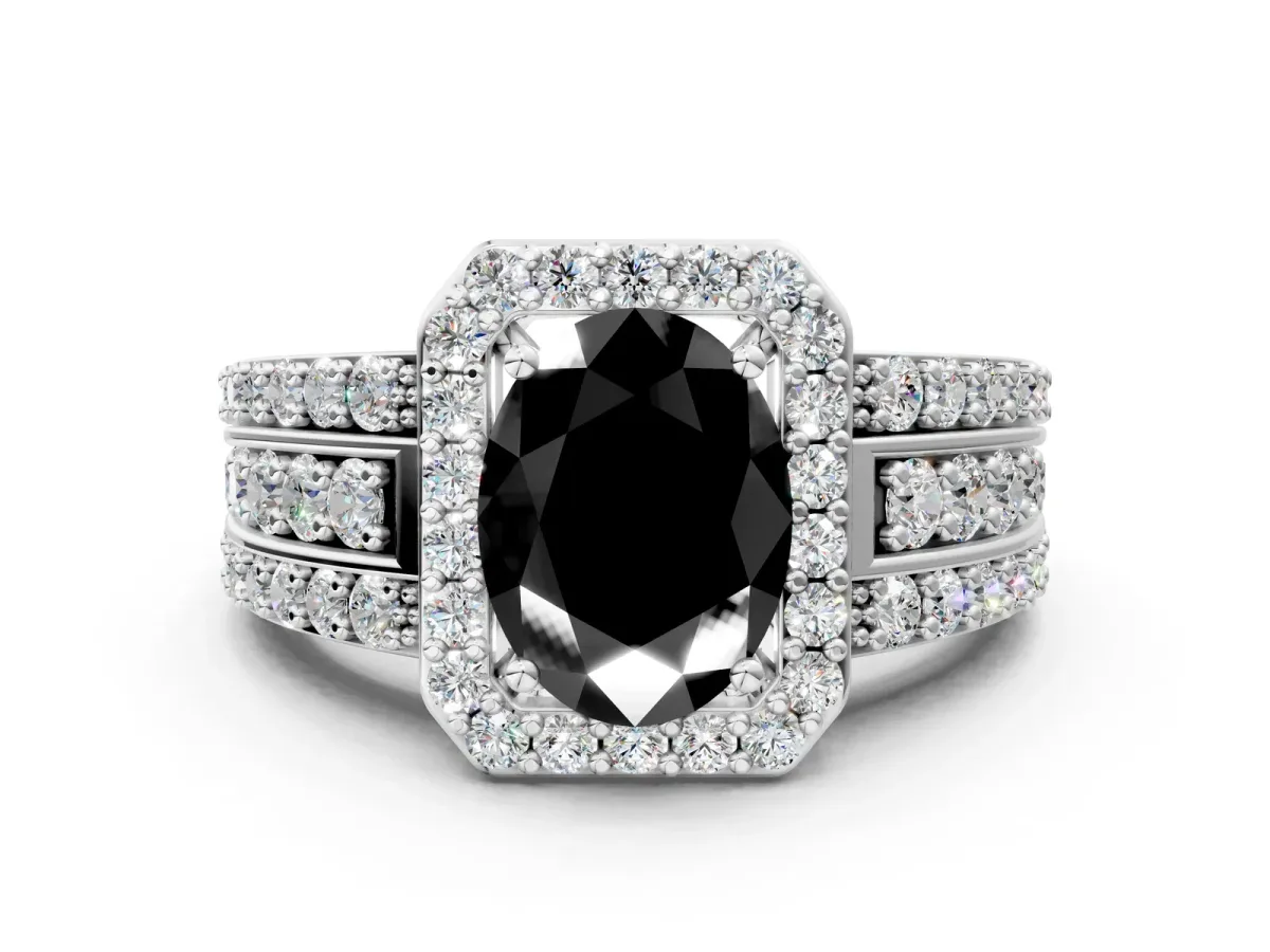 Fancy Black Oval Cut Halo Diamond Ring with Round Split Shank and Prong Setting Silver