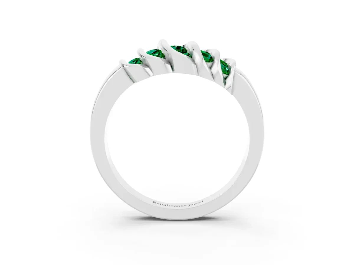 Round Emerald Multi-Row Crossover Band White gold