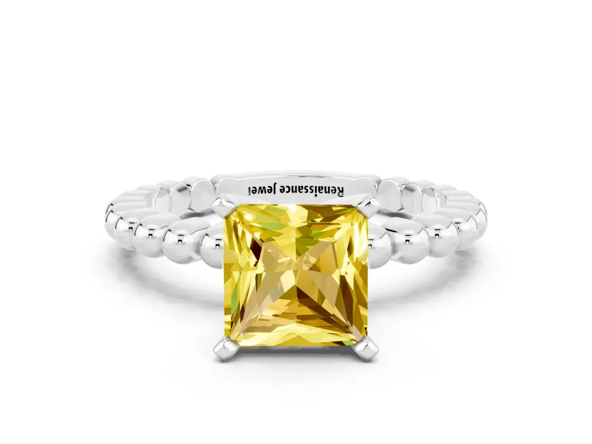 Princess Cut Yellow Sapphire Solitaire Ring with Beaded Band and Prong Setting Silver