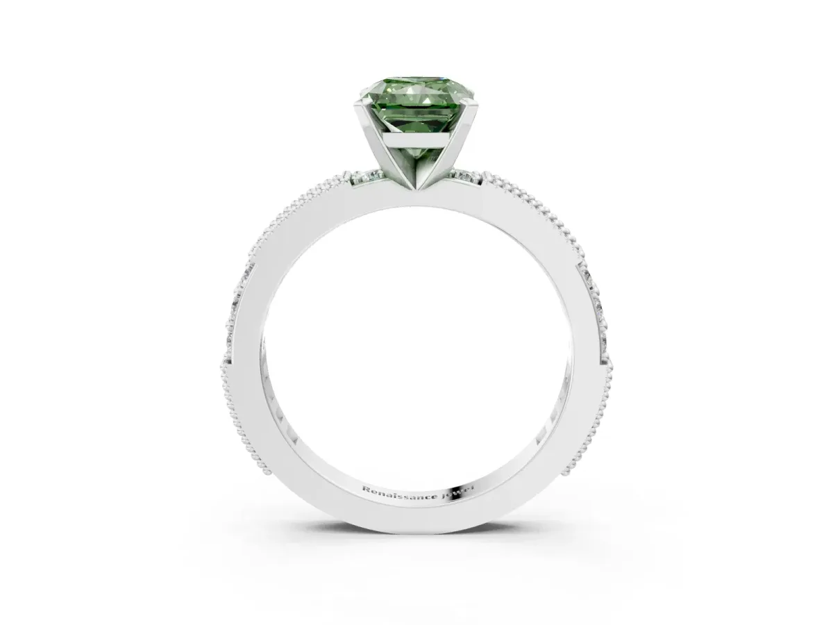 Fancy Green Radiant Cut Solitaire with Pavé Band and Four-Prong Setting Silver