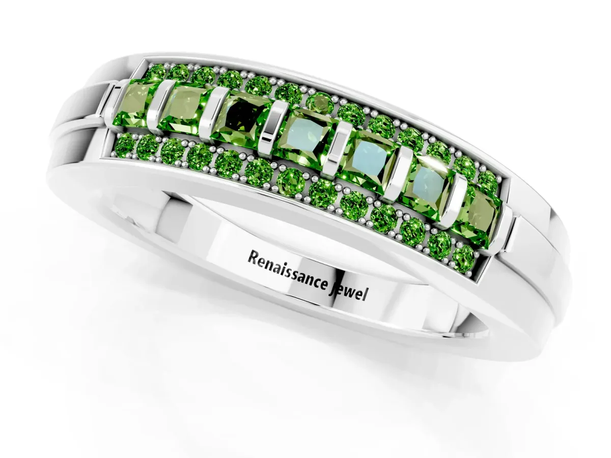 Bar-Set Princess Cut Peridot Pavé Band Silver