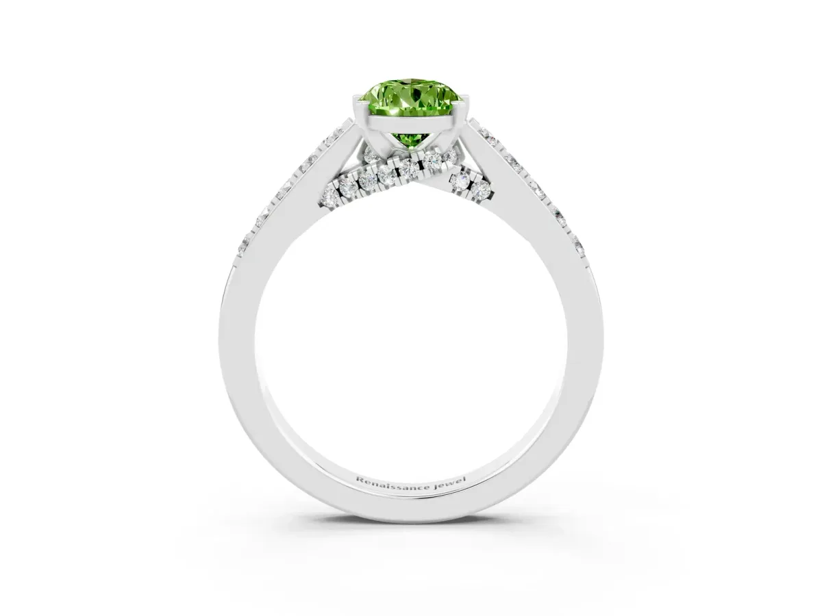 Pear Cut Peridot Solitaire Ring with Crossover Gallery and Round Pavé Band Silver