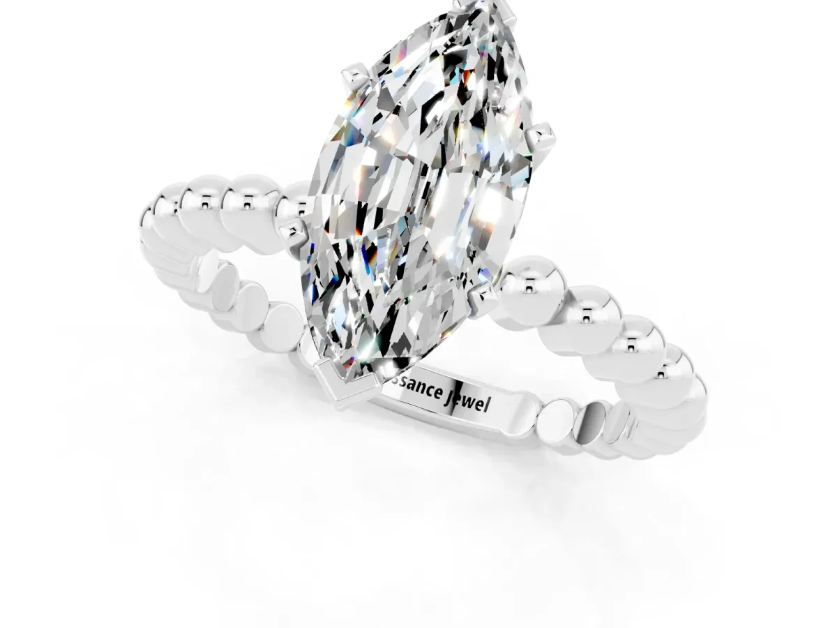 Marquise Cut Moissanite Solitaire Ring with Beaded Band and Prong Setting Silver