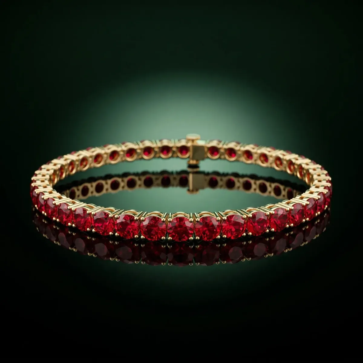 Round Brilliant Ruby Tennis Bracelet with Prong Setting Yellow gold