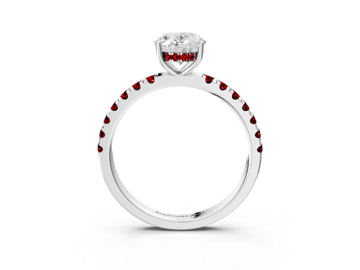 Oval Cut Diamond Pave Band Solitaire Ring with Round Ruby and Prong Setting Platinum